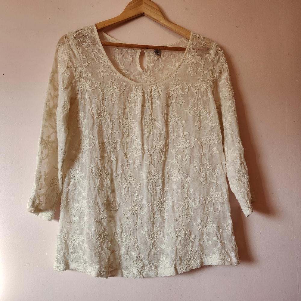 Lucky Brand Ivory Sheer Floral Lace Embroidered Boho Blouse Top Size S